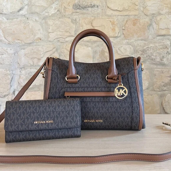 Michael Kors Carine Signature Logo Medium Size Satchel Brown