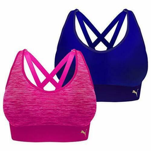 2 x PUMA Sports Bras - Seamless - Removable Cups - Medium Impact - Blue & Pink - Picture 1 of 4