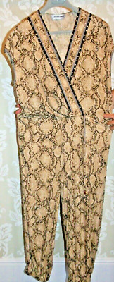 LEONARD PARIS Silk Jumpsuit 'One-Piece' Snake/Python V-Neck Beige/Brown Jersey