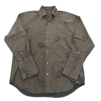 Equilibrio Brown Paisley Print Button Cufflinks Dress Shirt, Size M