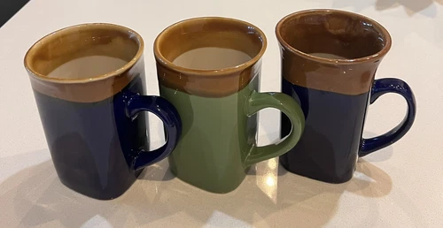Vtg Royal Norfolk Stoneware Coffee Mugs Cups Blue Green Brown Rim Set Of 3