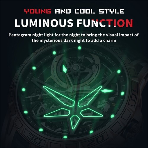 Relojes mecánicos automáticos esqueleto para hombre correa de cuero de cristal de zafiro luminoso - Imagen 4 de 13