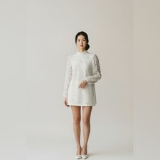 Vintage Handmade Bridal White Lace Mini Dress with pearls embroidery