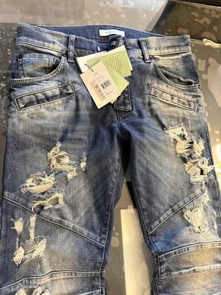 Pierre Balmain Distressed Denim Blue Biker Moto Jeans - Image 2 of 4