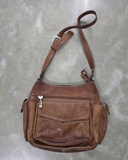 Fossil Crossbody Bag Womens Medium Brown Leather Zip Pockets Key Charm Classic