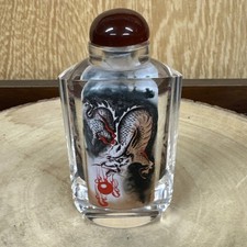 Vintage chinesische umgekehrte Drachenmalerei Glas Schnupftabakflasche ~ geschliffenes Kristallglas 28