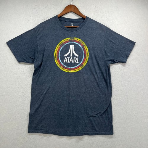 Atari T Shirt Mens Large Blue Distressed Rainbow Logo Retro Gamer Geek Nostalgic