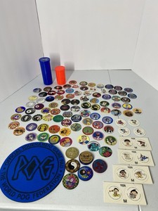 POG Mixed Lot 107 Pcs  Milk Caps & Slammers, WPF Tournament Pad + 2 Tubes 1994