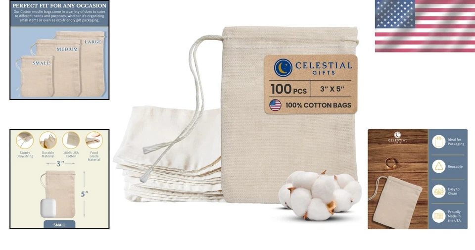 USA-Made Cotton Muslin Bags with Drawstrings - Image 2 of 4
