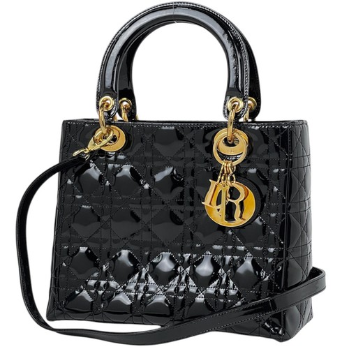 Christian Dior Hand Bag Lady Dior Cannage 2WAY Enamel Patent leather Black Women