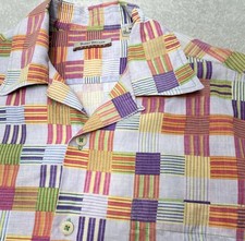 Barry Bricken Weekend Linen Shirt Mens M Short Sleeve Geometric Plaid Beach Camp