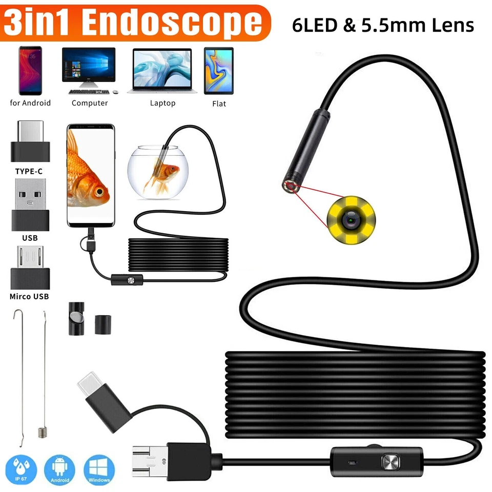 6LED USB Snake Endoscope Borescope HD Inspection Camera Scope For Android Type C