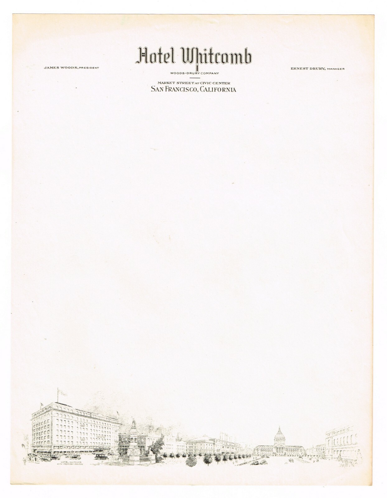 HOTEL LETTERHEAD WHITECOMB SAN FRANCISCO VINTAGE C1920 8.5X11