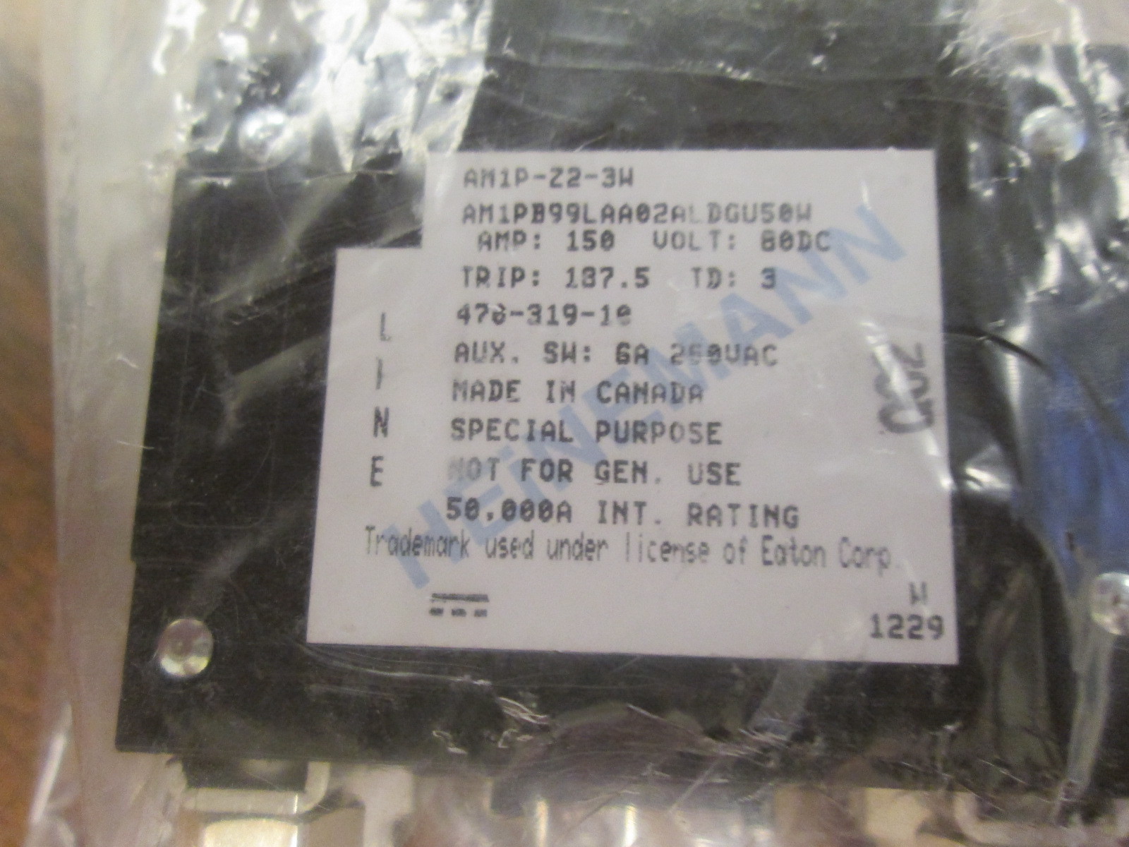 Heinemann DC Bullet Breaker w/ Adapter Kit AM1PZ23W 150A 80VDC 2P New