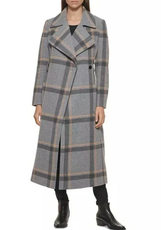 DKNY Women's Plaid Maxi Wrap Coat Gray Sz M