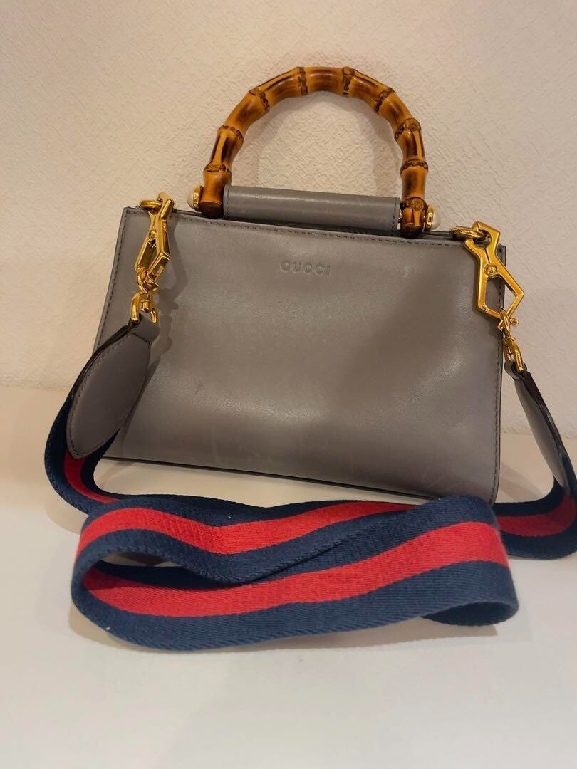Authentic Gucci Sherry Bamboo Nimfair Gray Leather Shoulder Bag