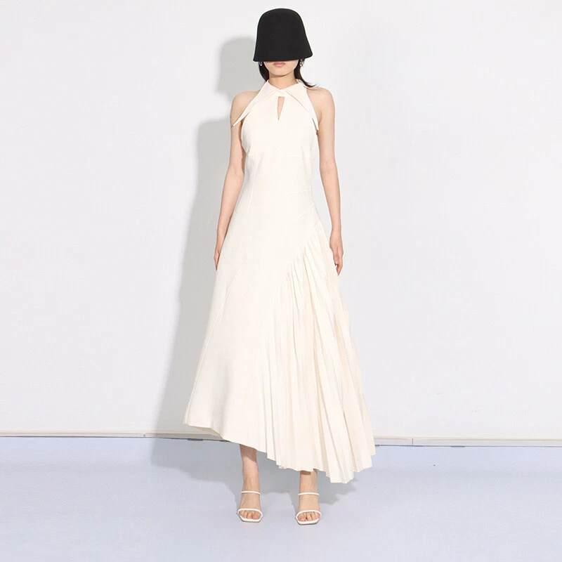 OFF WHITE Abito lungo donna francese colletto a punta senza maniche asimmetrico grande swing dress