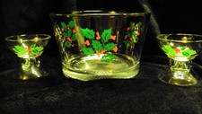 Indiana Glass Holly bowl and Avon Holly leaf Hostess Set
