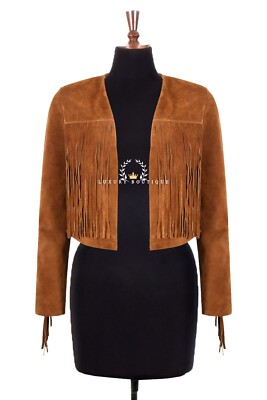 Damen Fransen Western Kurz Body Lederjacke hellbraun Rinds Wildleder Vintage 90er Style