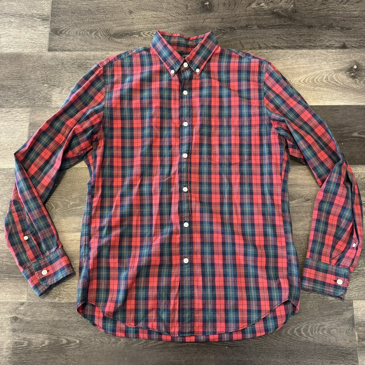 Crew Men's Medium Button Down Dress Shirt Red Green Plaid 100% Cotton