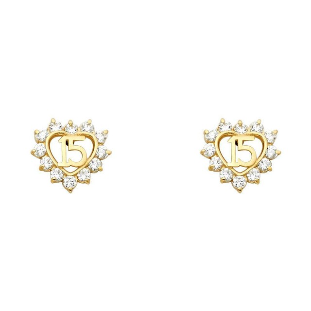 14k Yellow Gold 15 Years Heart CZ Eternity Stud Earrings Quince