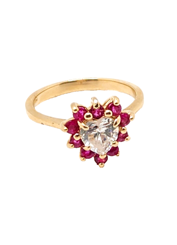 14K Yellow Gold Pink Sapphire & White CZ Heart Ring, US Size 6, 3.2 Grams - 第 1/7 張圖片
