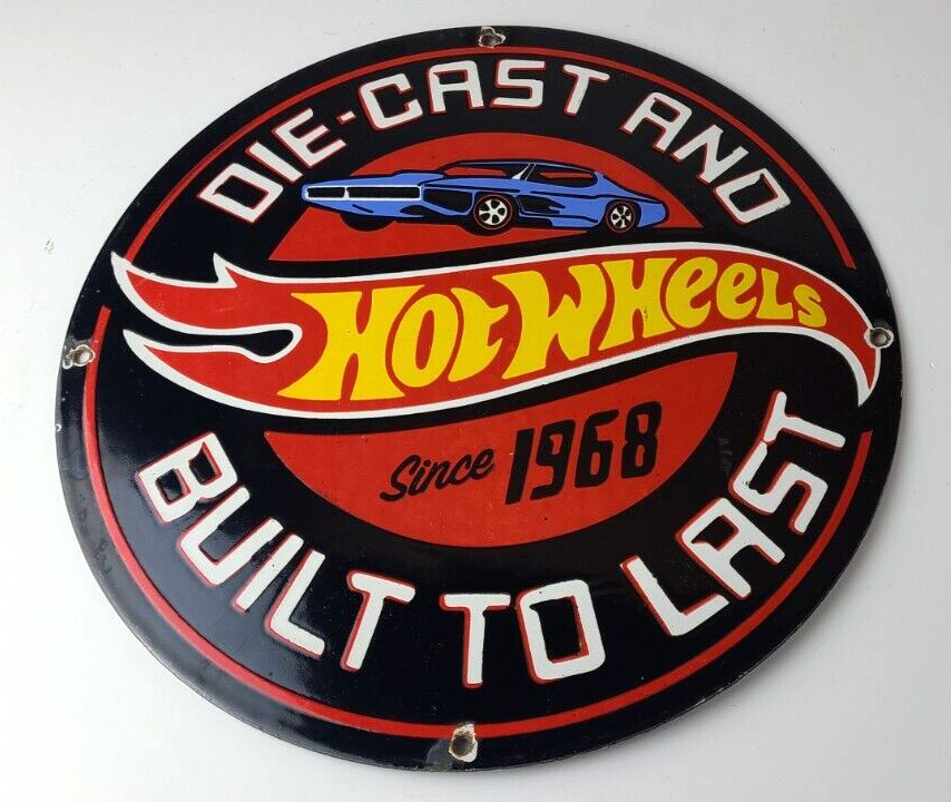 Vintage Hot Wheels Porcelain Sign - American Die-Cast Cars Gas Pump Sign