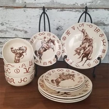 Cowboy Living Broncs & Brands 12 Piece Dinnerware Set of Four Place Settngs, ...