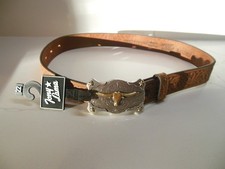 Tony Lama Kids Longhorn Tooled Leather Belt Made in USA Size 22 Brown USA