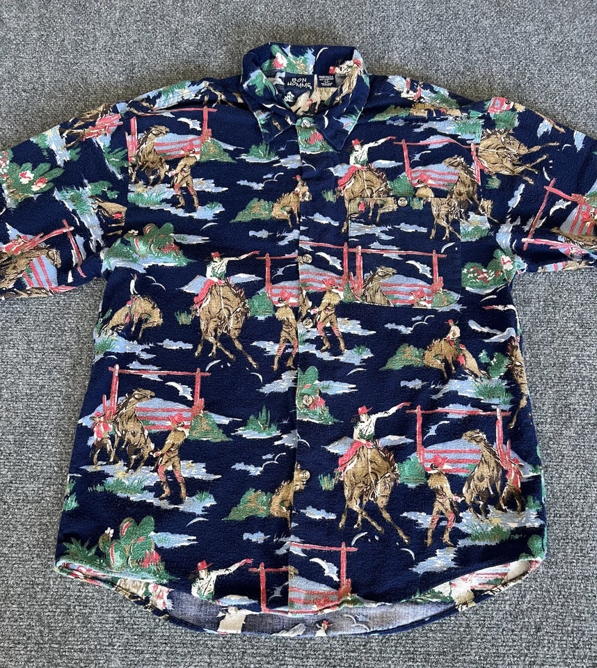 Винтажная фланелевая рубашка Bon Homme Western Blue Cowboy Bucking Bronco AOP Rodeo средний размер - Изображение 4 из 4