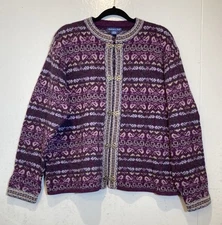 Vintage Eagles Eye Purple Fair Isle Wool Cardigan Sweater Size L  Metal Clasps