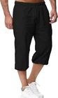 Men's Cotton Linen Shorts 3/4 Length Elastic Waist Casual Beach Trousers Blac...