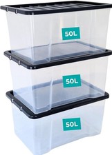 Plastic 3 X 50L Storage Boxes Clear Box With Lids Home Office Kitchen Stackable