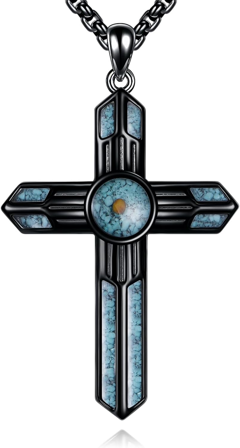 Black Cross Necklace for Men 925 Sterling Silver Turquoise Mustard Seed Cross Pe