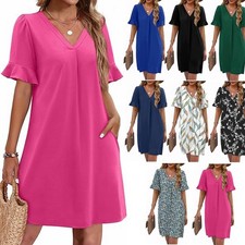 Women's Best Selling V Neck Flare Sleeve Midi Dress with Pockets Short Sleeves