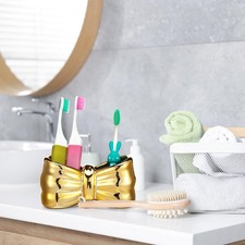 Gold Bow Toothbrush Holder Cute Ceramic Bow Shaped Toothbrush Makeup Brush Ho...