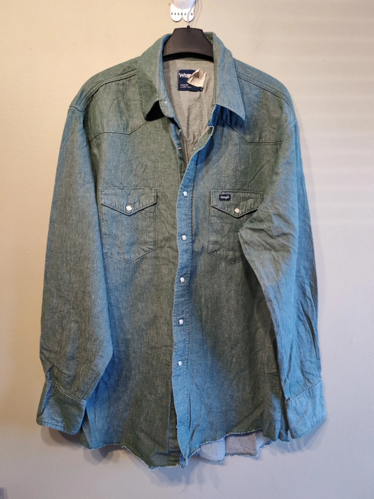 Wrangler Men Pearl Snap Shirt X-Long Tails Western 17 35 Green Denim Vintage