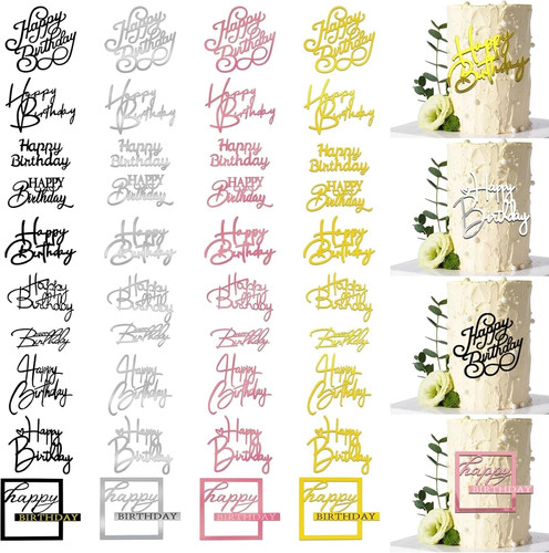 40 PCS Happy Birthday Cake Toppers Mirror Acrylic Toppers with 10 Styles 4 Co...