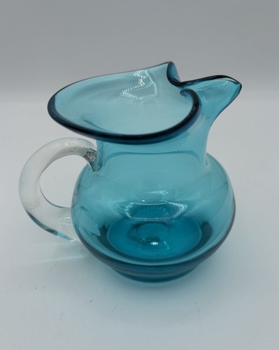 Vintage MCM Blue Clear Handle Pinched Spout Small Art Glass Pitcher 4"