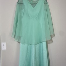 Vtg 60s Dress Empire Waist Gown M Sleeveless Chiffon Maxi Hostess Cape Handmade