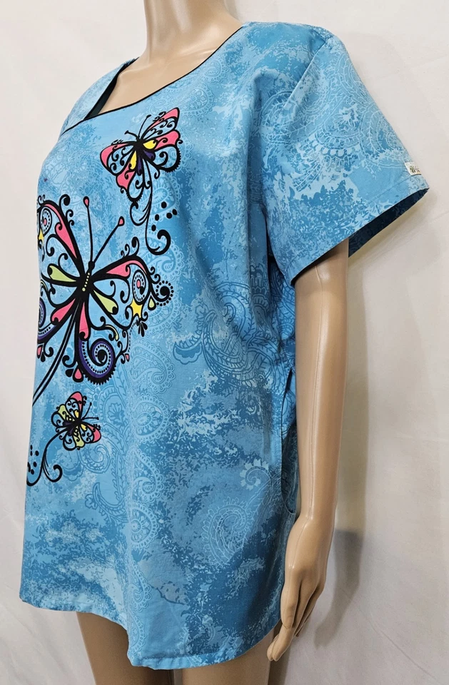 UA SCRUBS Women Scrub Top Size 2X Blue Butterfly Print - Image 3 of 4