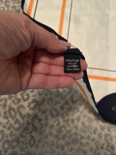 Oroton Logo Print Silk Scarf Navy Blue Orange White Geometric Design 74 X 26 F1 - Picture 3 of 6