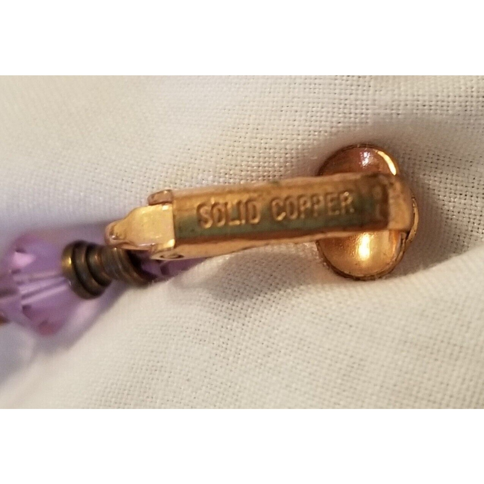 Vintage Solid Copper & Purple Beaded Dangle Clip-… - image 3