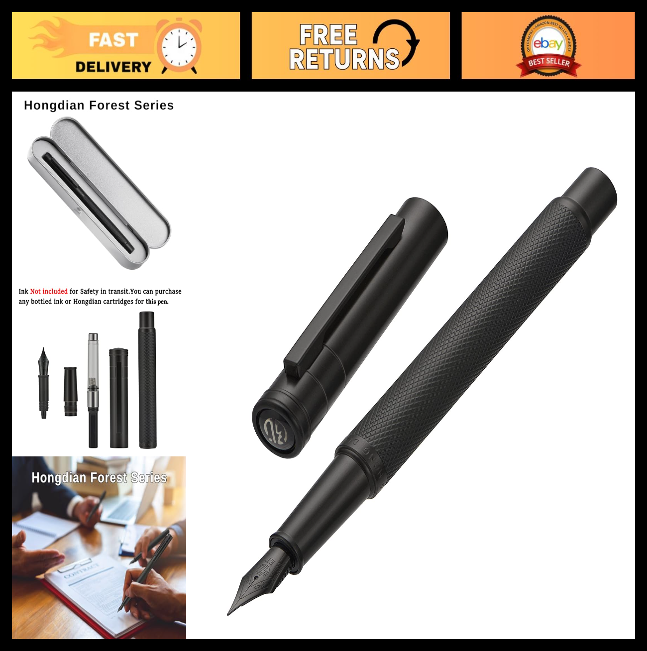 Matte Black Fountain Pen Set - Extra Fine Nib, Classic Design, Converter & Metal