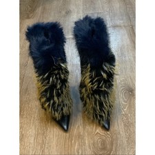 Faux Fur Pointed-Toe Heeled Boots in Black and Brown