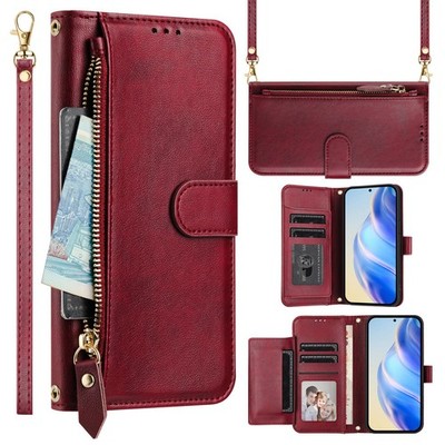 Zipper Leather 7 Cards Wallet Case For Various Phone Crossbody Flip Stand Cover