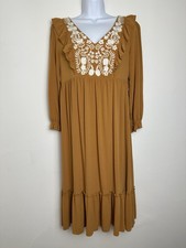 In Loom Womens Milkmaid Dress Large Brown Gold Floral Embroidered Boho Midi