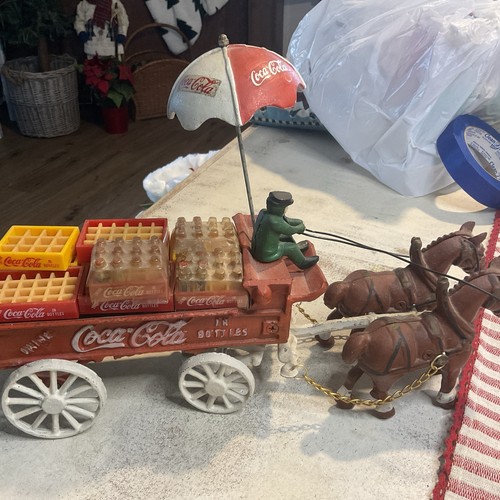 Vintage Cast Iron Coca-Cola Horse Drawn Wagon Umbrella Bottle Cases 14.5” Long