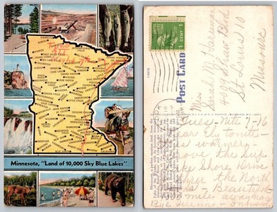 Minnesota ''Land of 10,000 Sky Blue Lakes'' Map Vintage Postcard 1946