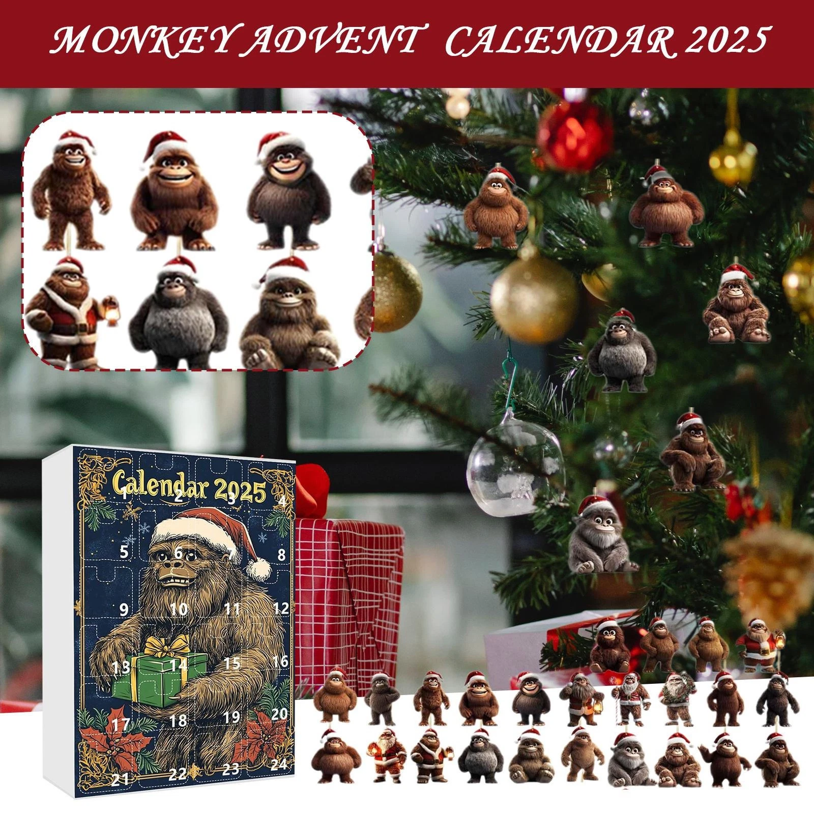 2025 Christmas Advent Calendar 2D Acrylic Monkey Pendant Xmas Tree Ornaments